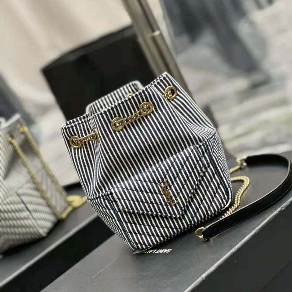 Side angle showing drawstring closure and leather trim on Joe Mini Bucket Bag