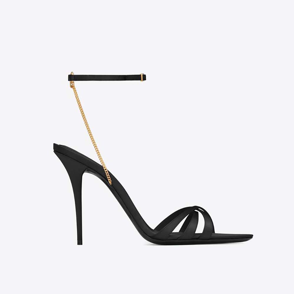 Front angle of Saint Laurent YSL Women Melody Sandals in crepe satin black