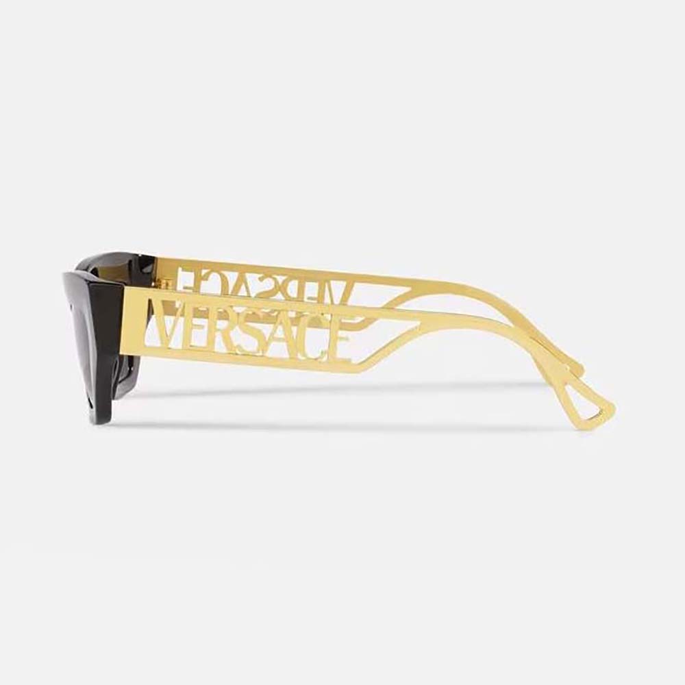 Side angle showcasing black acetate frame of Versace Women 90s Vintage Logo Cat-Eye Sunglasses-Black