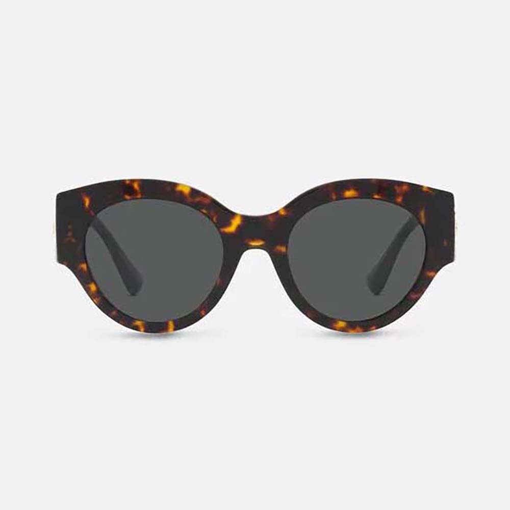 Close-up of gold Medusa crystal detail on Versace Women Bright Medusa Crystal Sunglasses-Brown