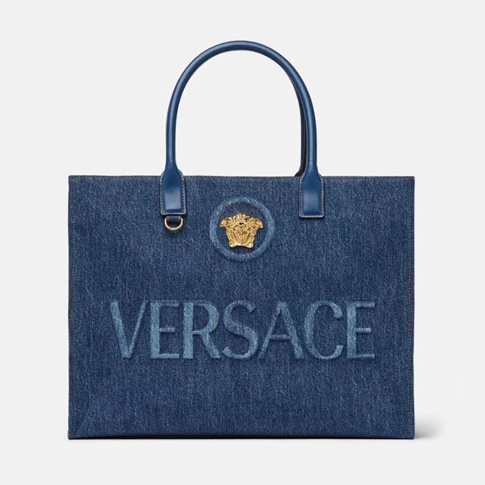 Front view of Versace Women La Medusa Large Tote Bag-Navy showing gold hardware
