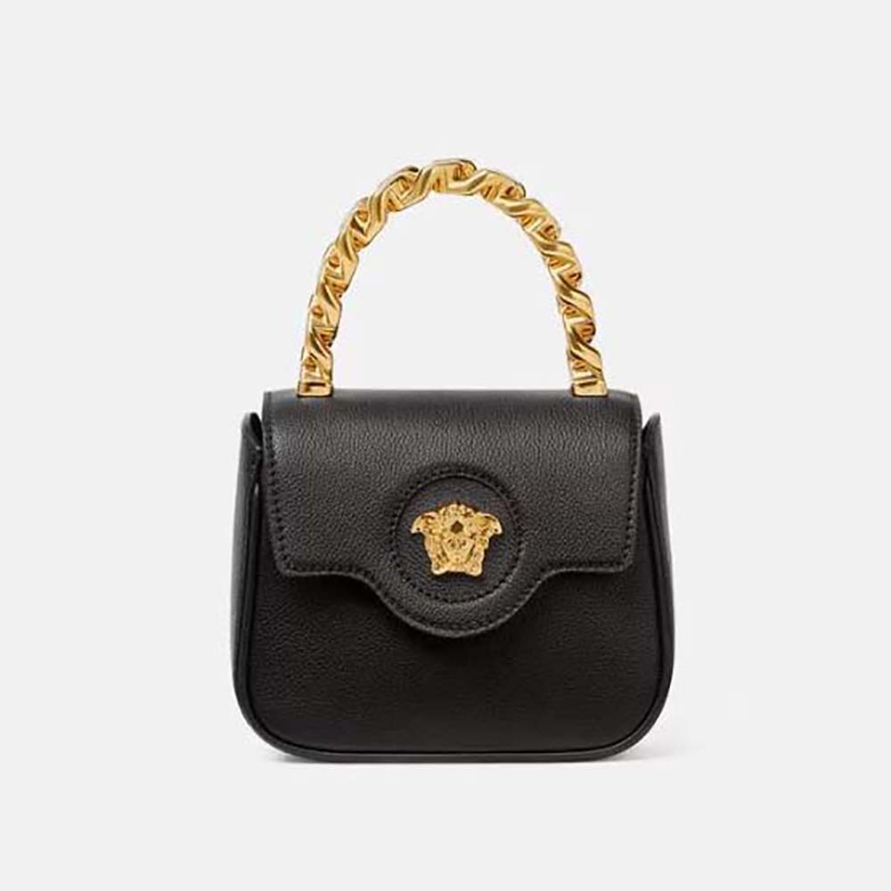 Front view of Versace Women La Medusa Mini Bag-Black with gold Medusa hardware