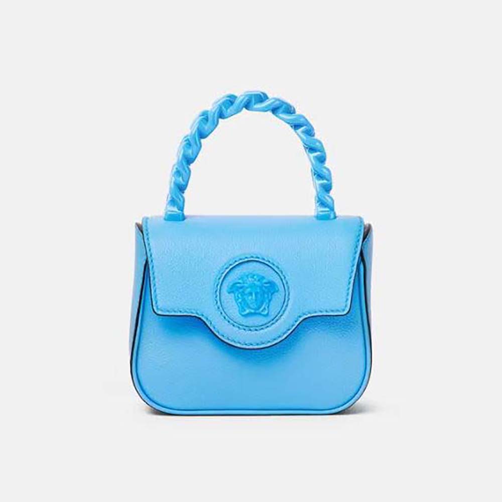 Front view of Versace Women La Medusa Mini Bag-Blue showing Medusa hardware