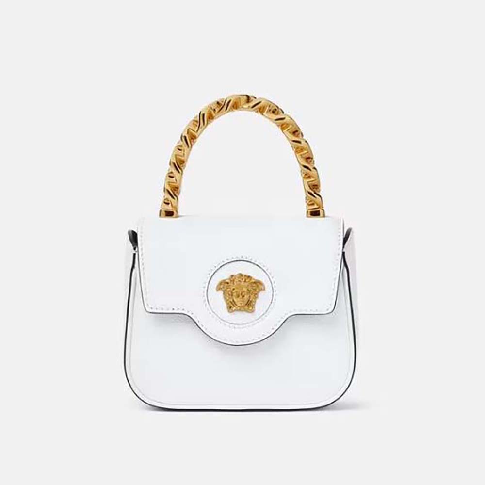 Front view of Versace Women La Medusa Mini Bag-White with gold Medusa emblem