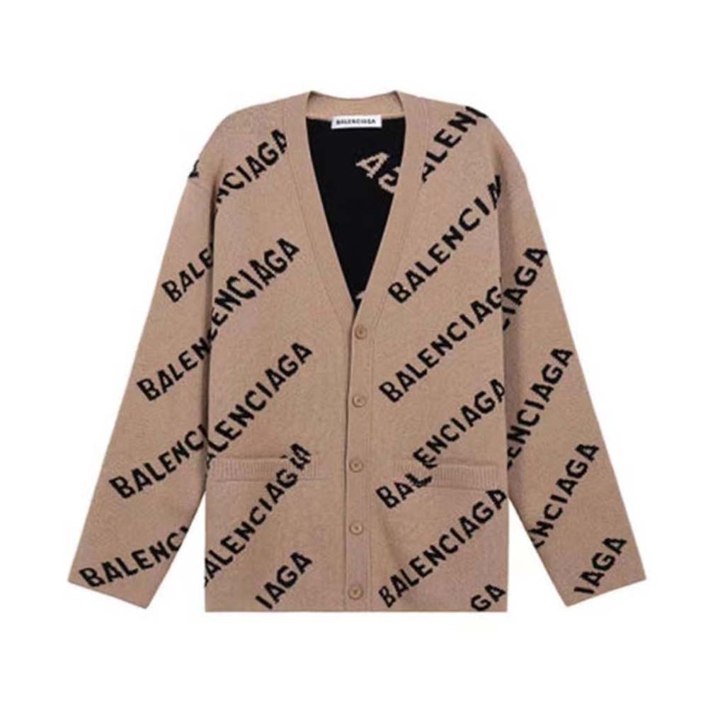 Front view of Balenciaga Women Mini Allover Logo Cardigan beige with black knit logos