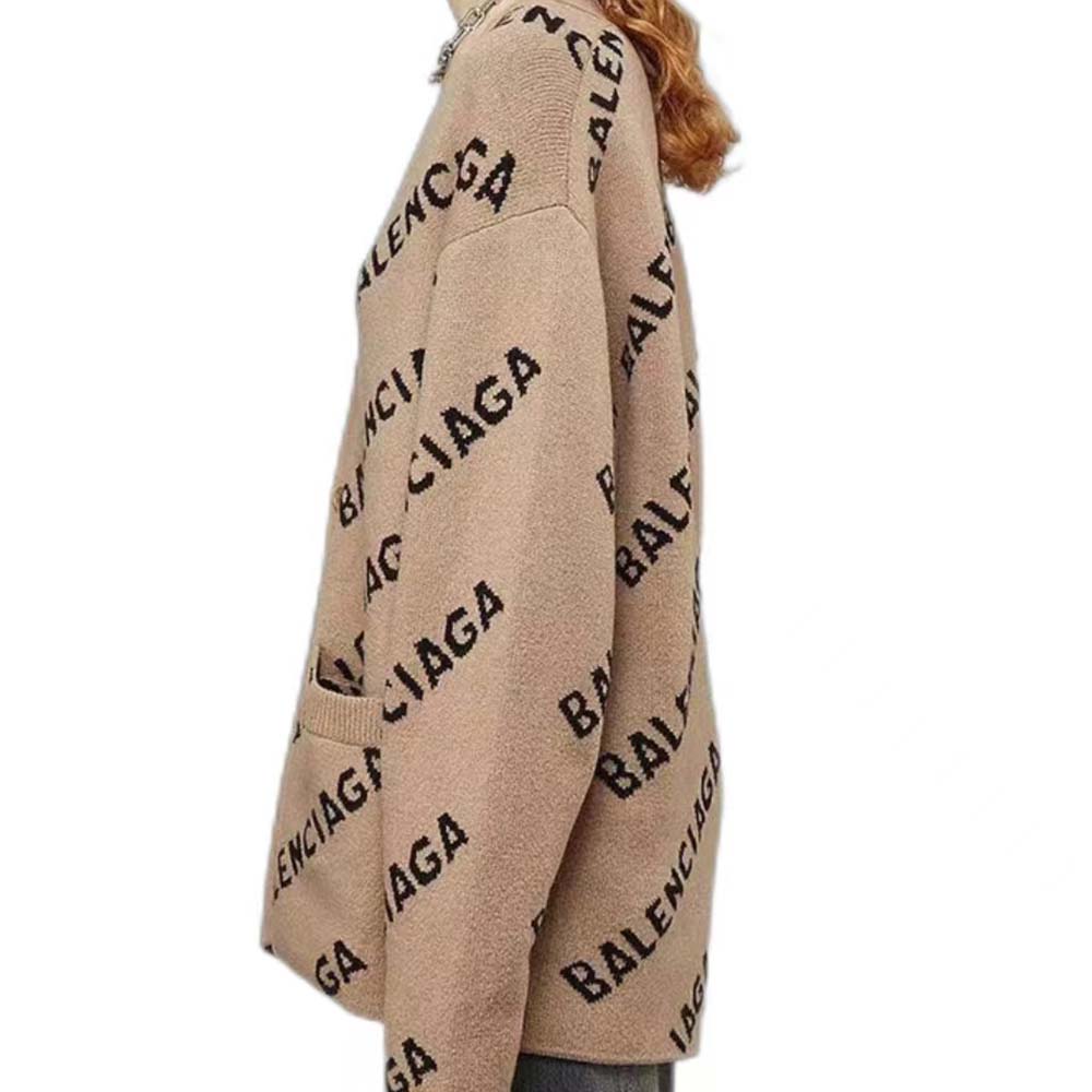 Balenciaga Women Mini Allover Logo Cardigan in Beige and Black Cotton Knit - image 7
