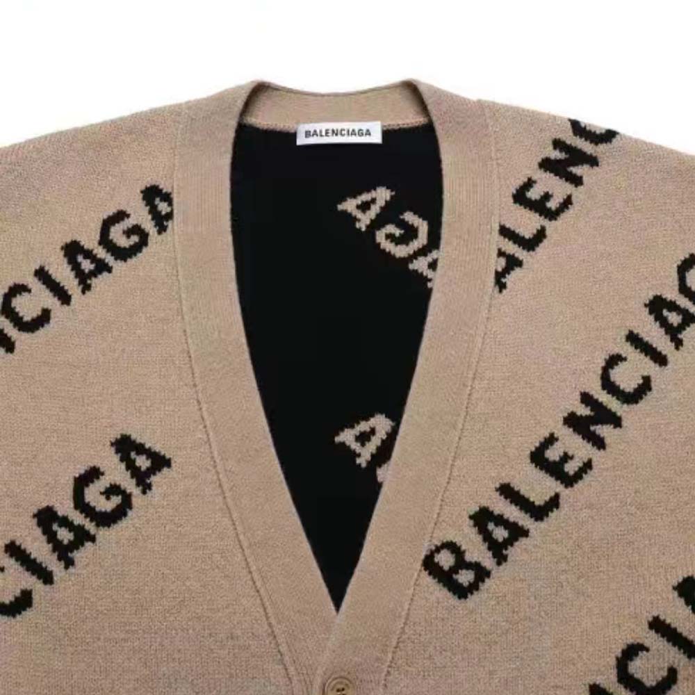 Side angle showing button closure on Balenciaga Women Mini Allover Logo Cardigan