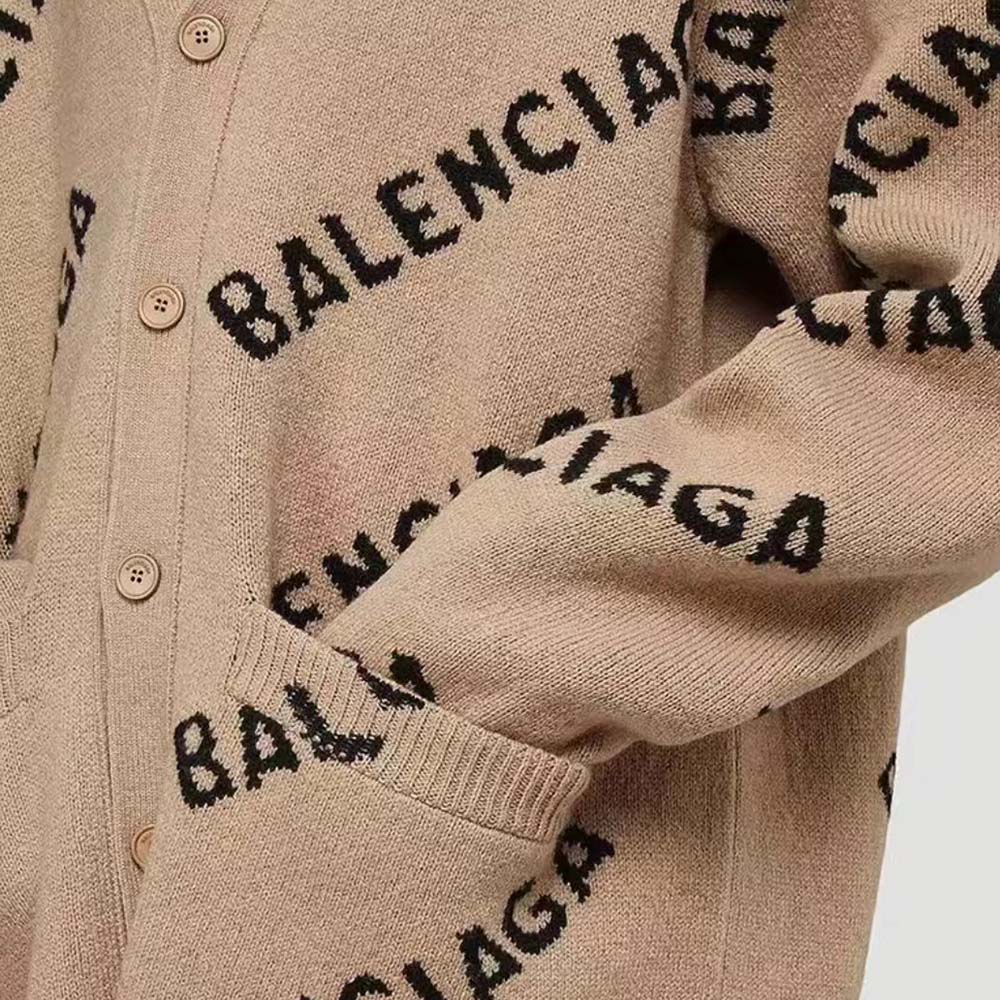 Balenciaga Women Mini Allover Logo Cardigan in Beige and Black Cotton Knit - image 6