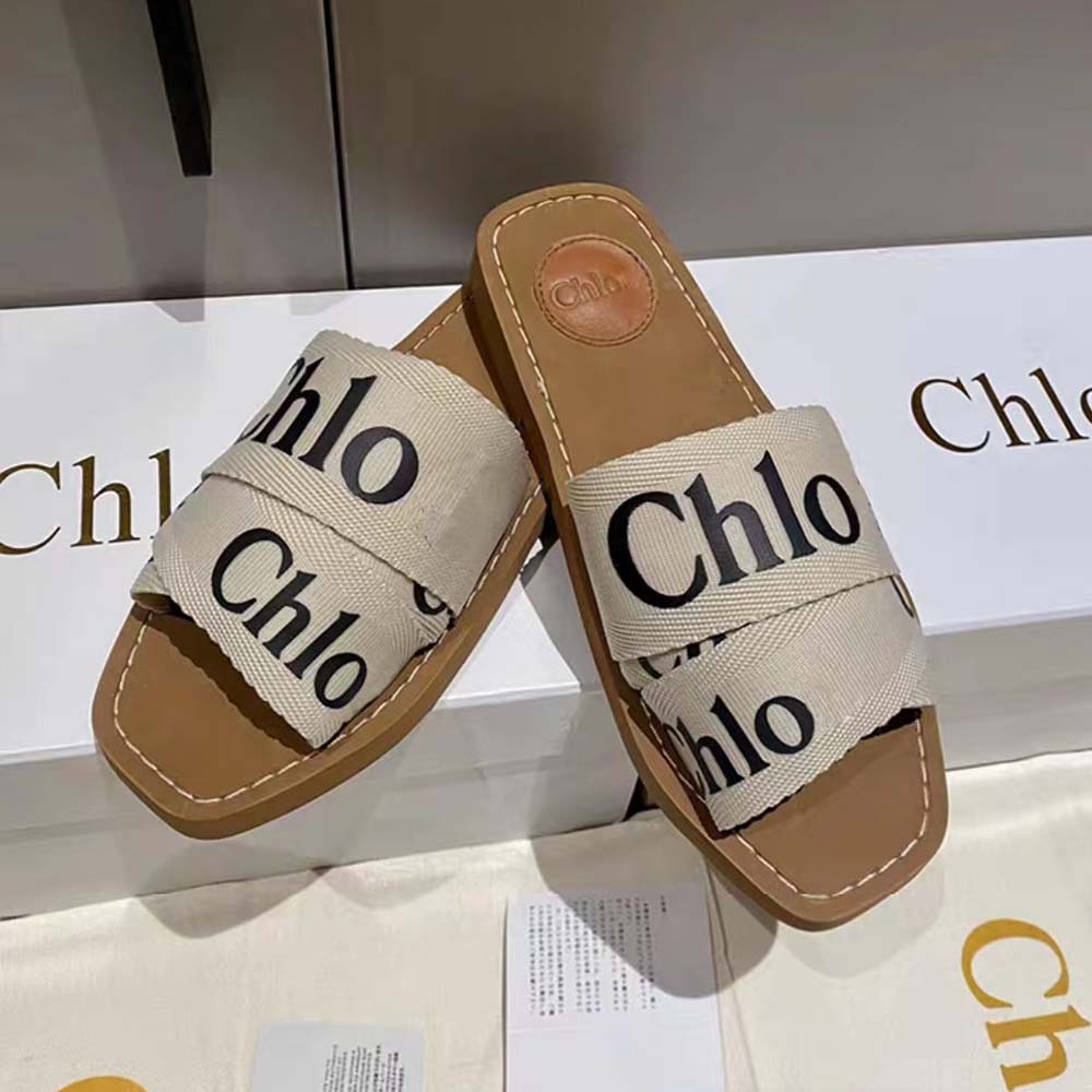Top view of Chloe Women Woody Flat Mule in Canvas-Beige highlighting slip-on design