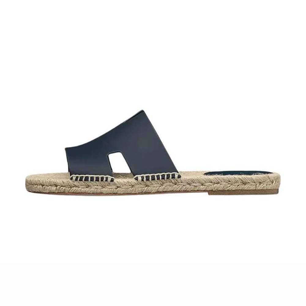 Side profile of Hermes Unisex Catalya Espadrille in black calfskin