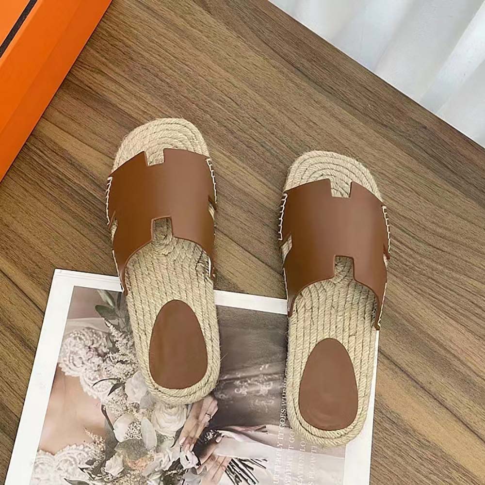 Hermes Unisex Catalya Espadrille in Calfskin with Rope Sole and “H” Cut-out-Brown - image 4