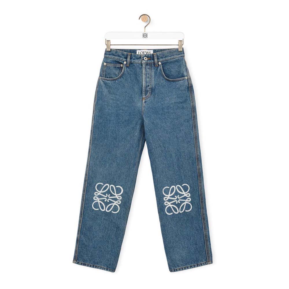 Front view of Loewe Women Anagram Cropped Jeans in Denim