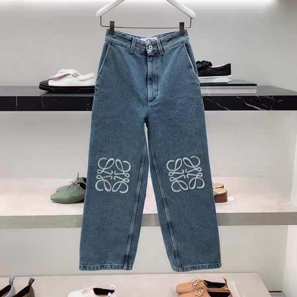 Close-up of Loewe Anagram embroidery on denim jeans