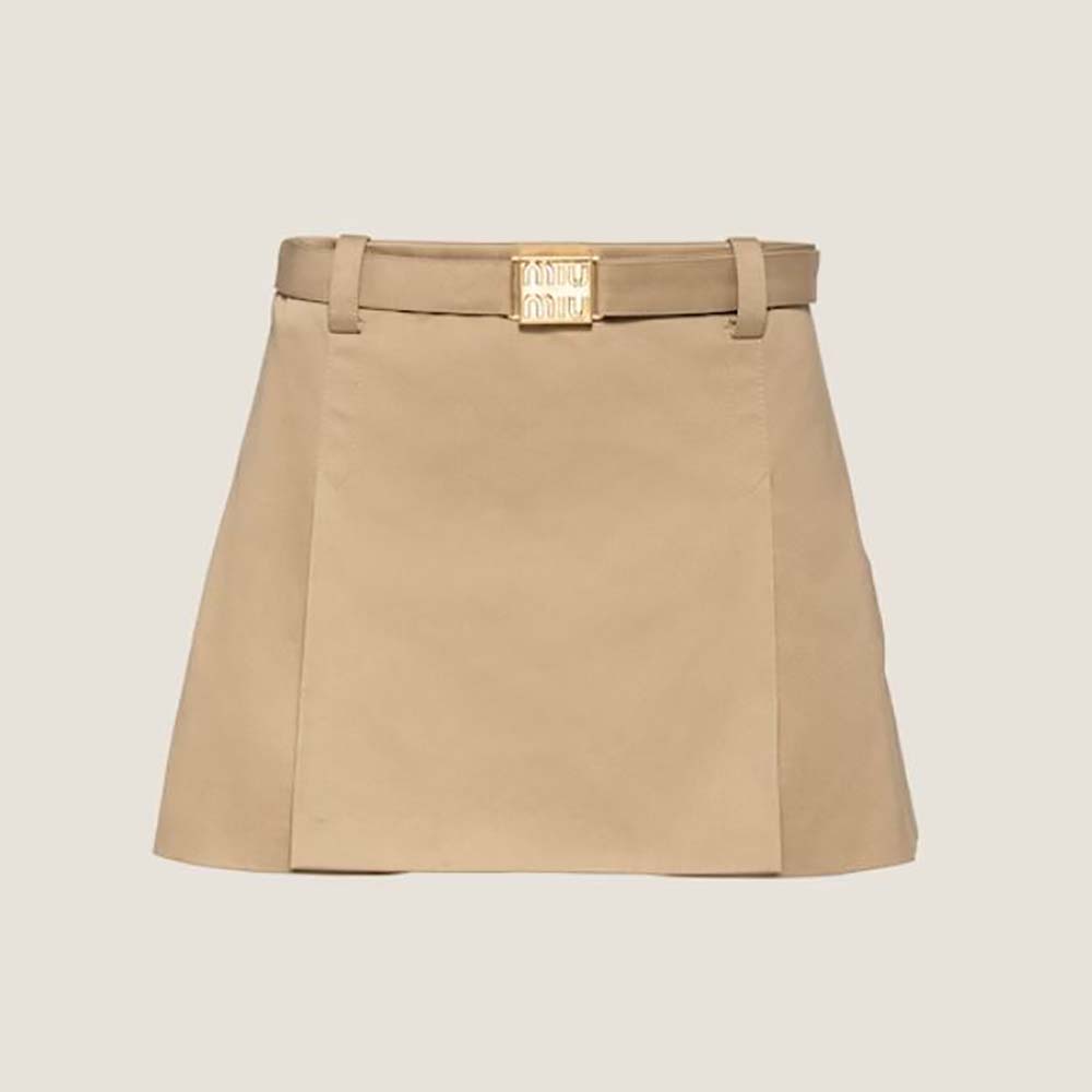 Front view of Miu Miu Women Chino Miniskirt with Logo Decorating the Buckle in beige