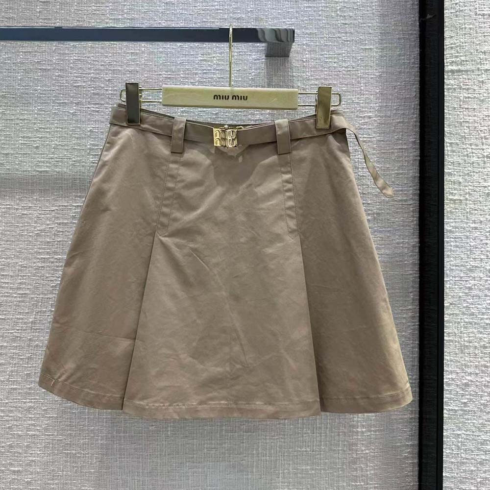 Close-up of gold-tone logo buckle on Miu Miu Women Chino Miniskirt with Logo Decorating the Buckle