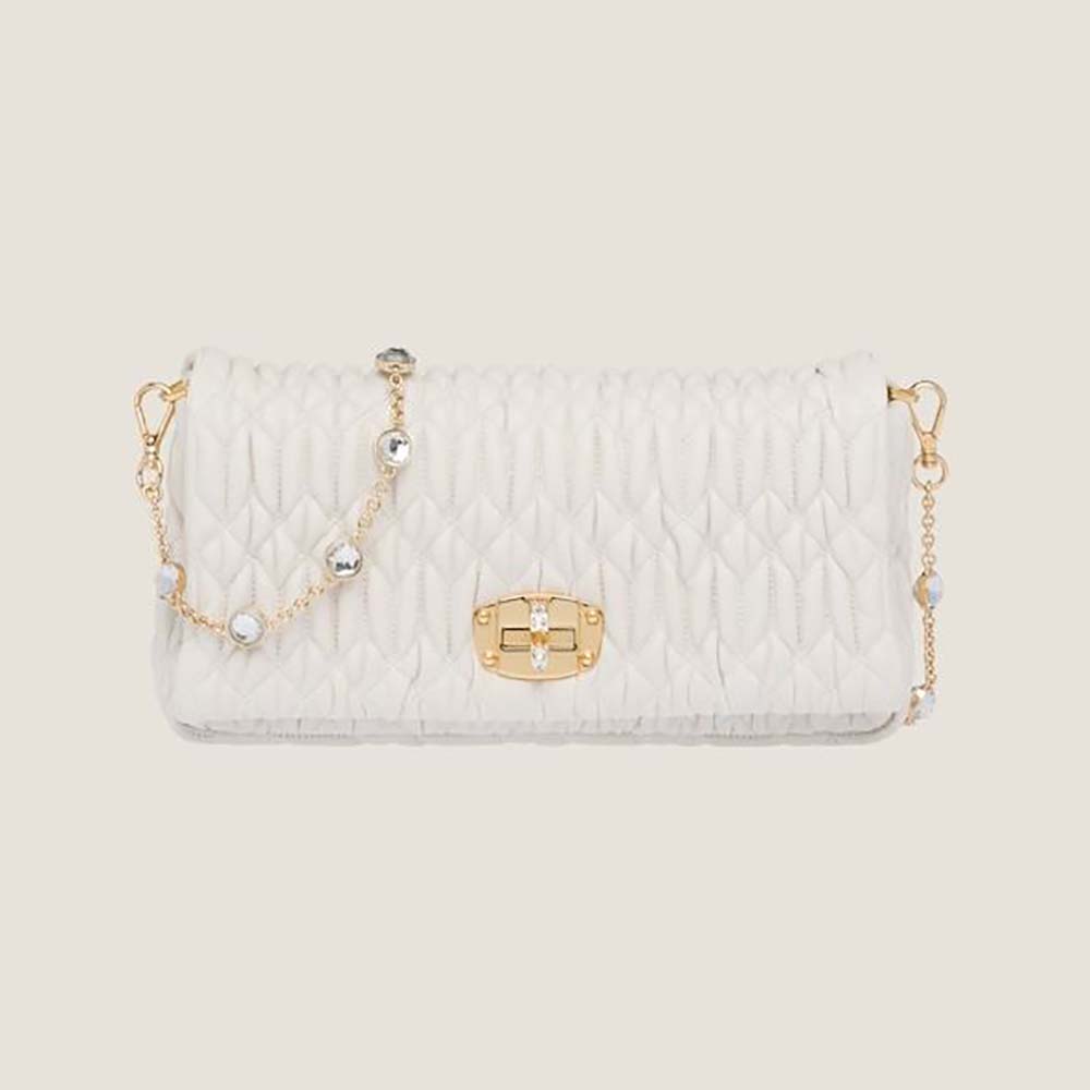 Front view of Miu Miu Women Crystal Cloqué Nappa Leather Bag in white