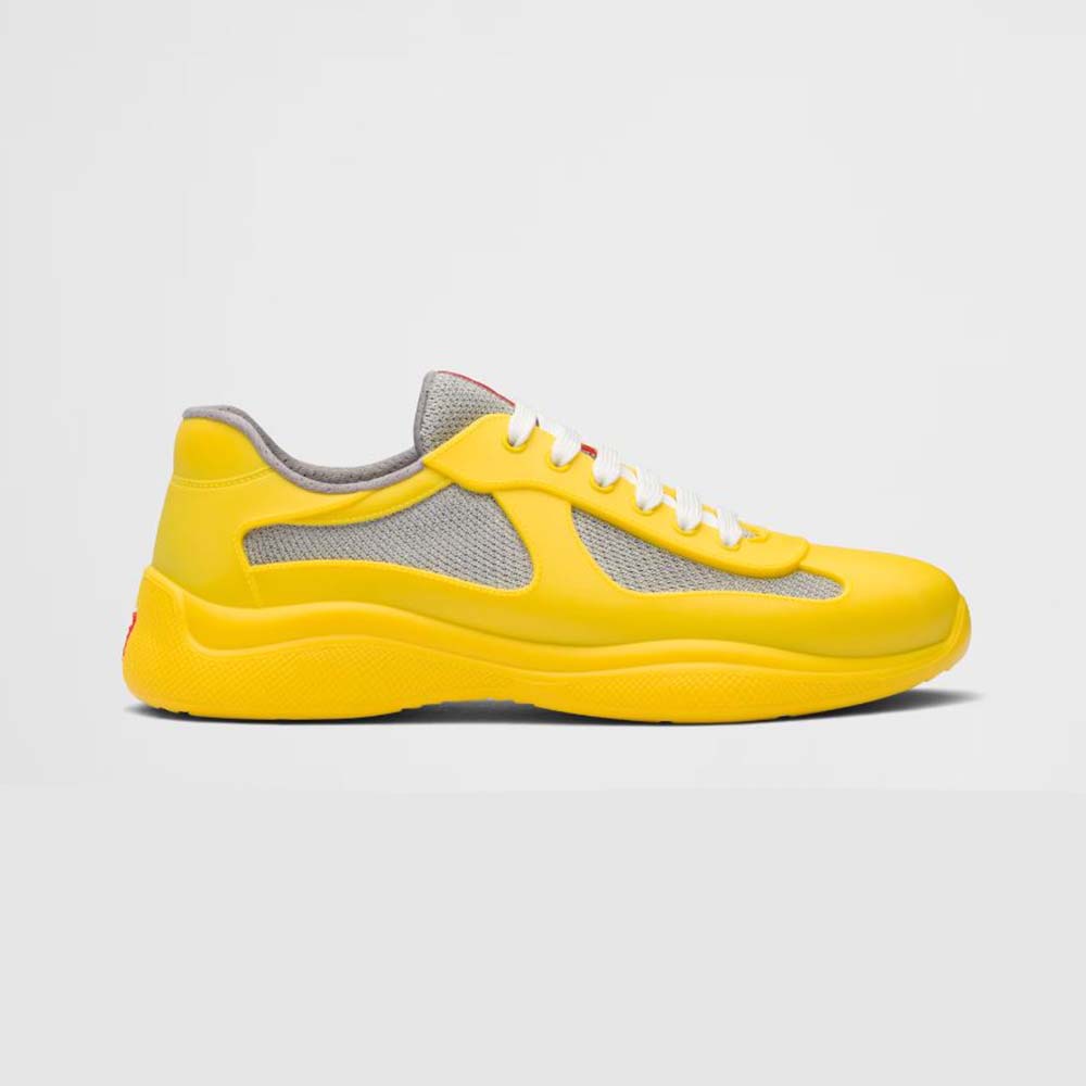 Side profile of Prada Unisex America’s Cup Soft Rubber and Bike Fabric Sneakers-Yellow