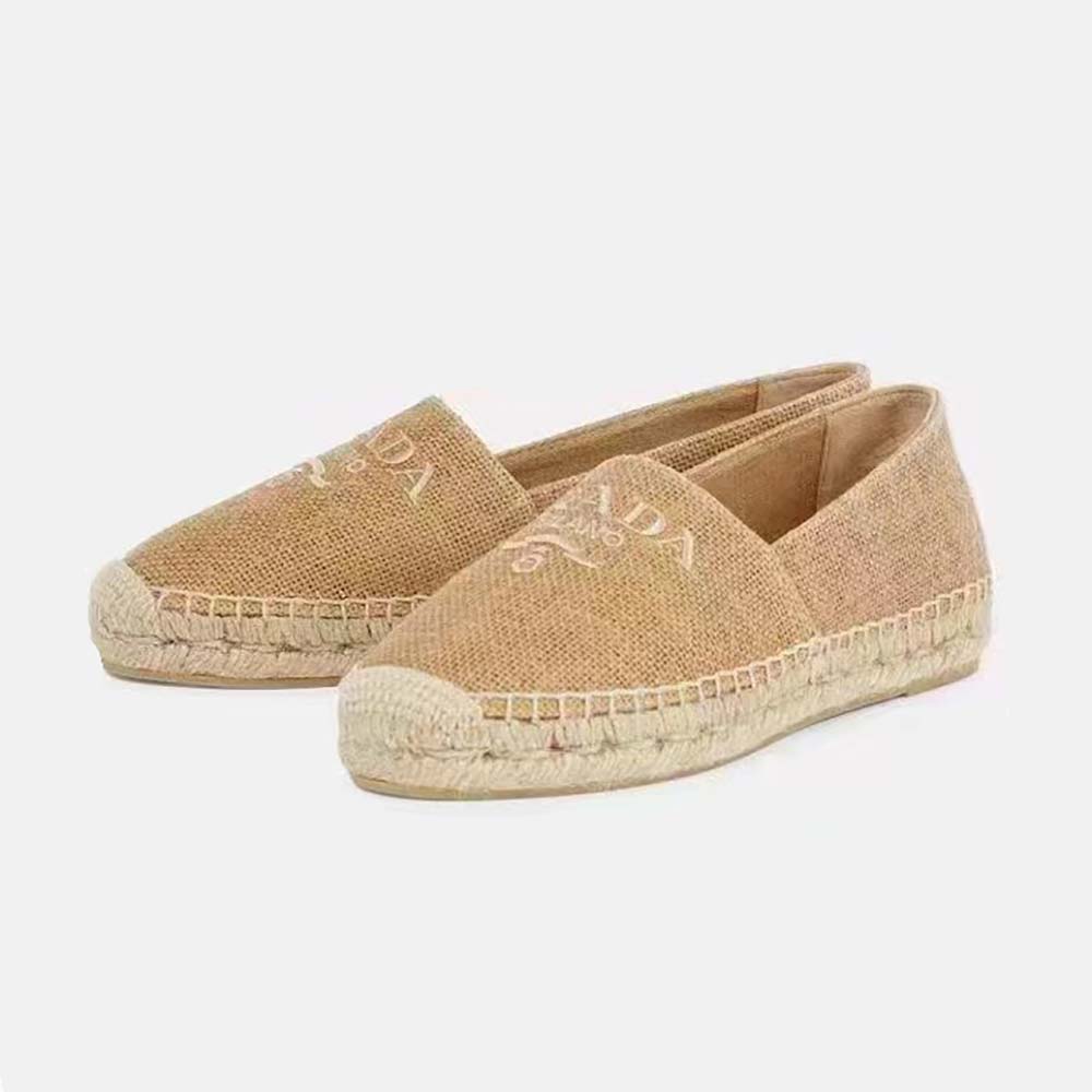 Side view of Prada Women Crochet Espadrilles with Embroidered Logo-Beige