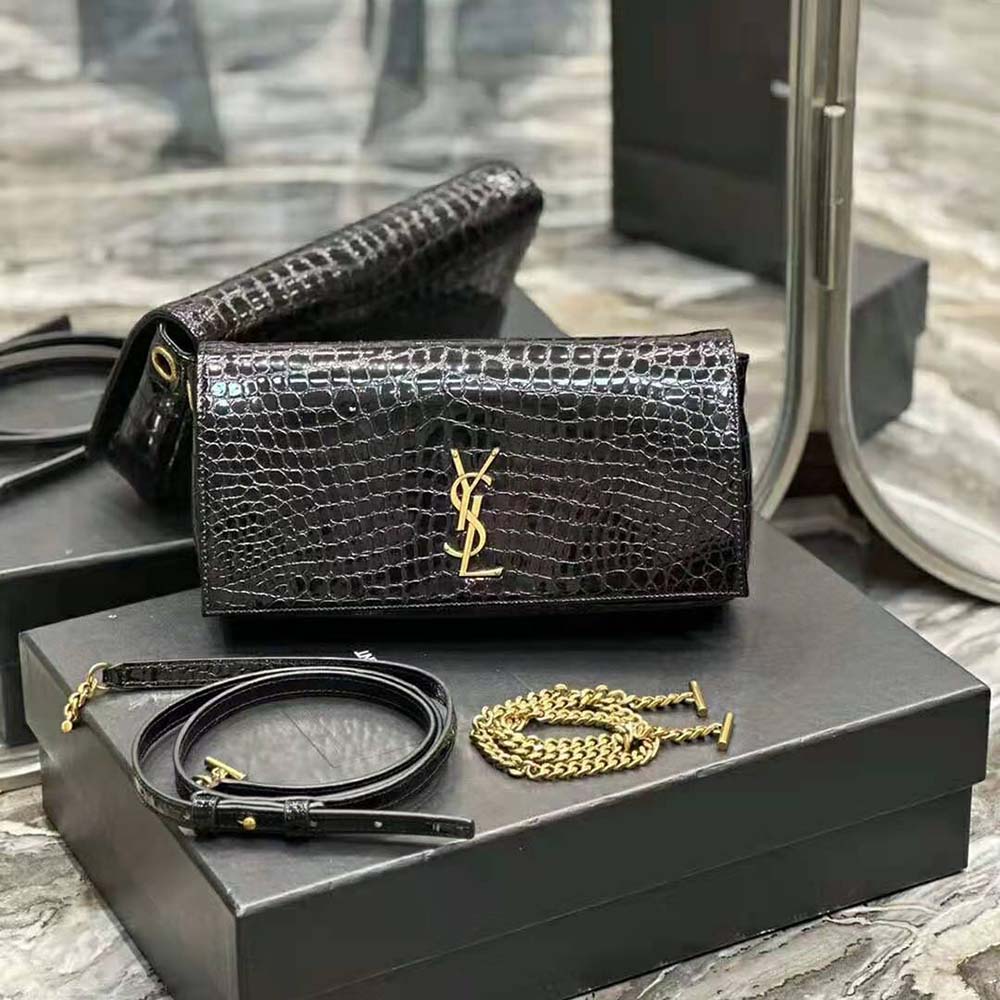 Back view showing crocodile-embossed leather side of Saint Laurent Kate bag