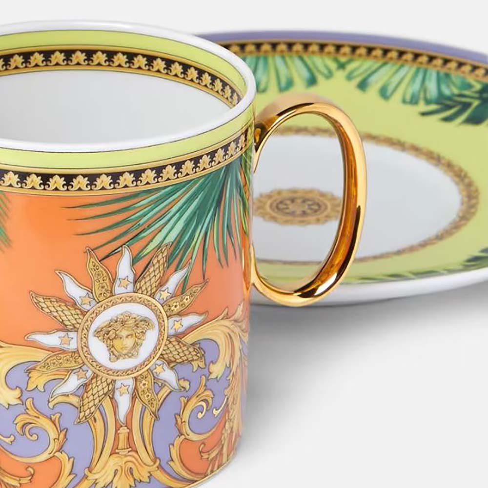 Top-down view of Versace Jungle Animalier Coffee Set highlighting vibrant orange print