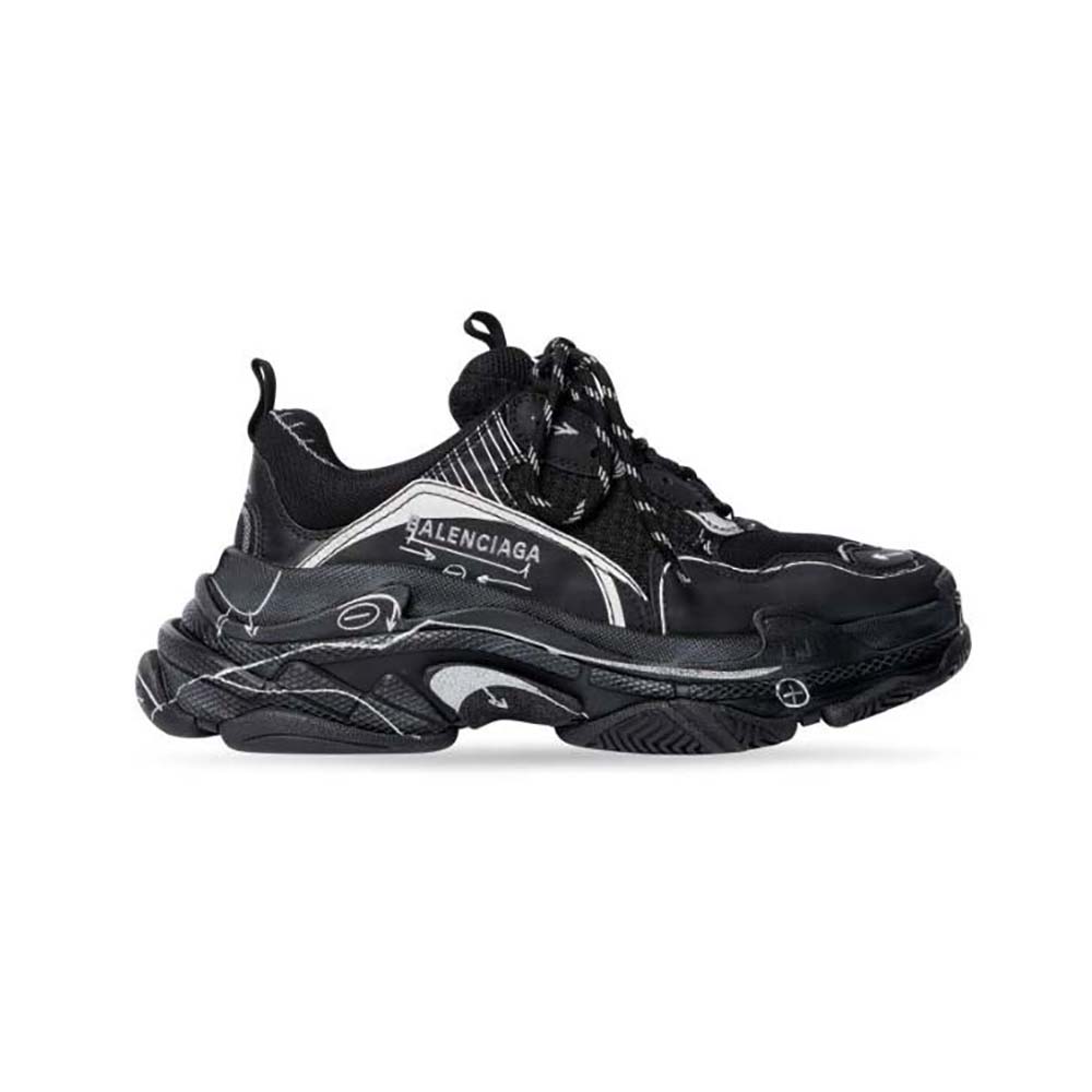Side profile of Balenciaga Unisex Triple S Sketch Sneaker in black and white