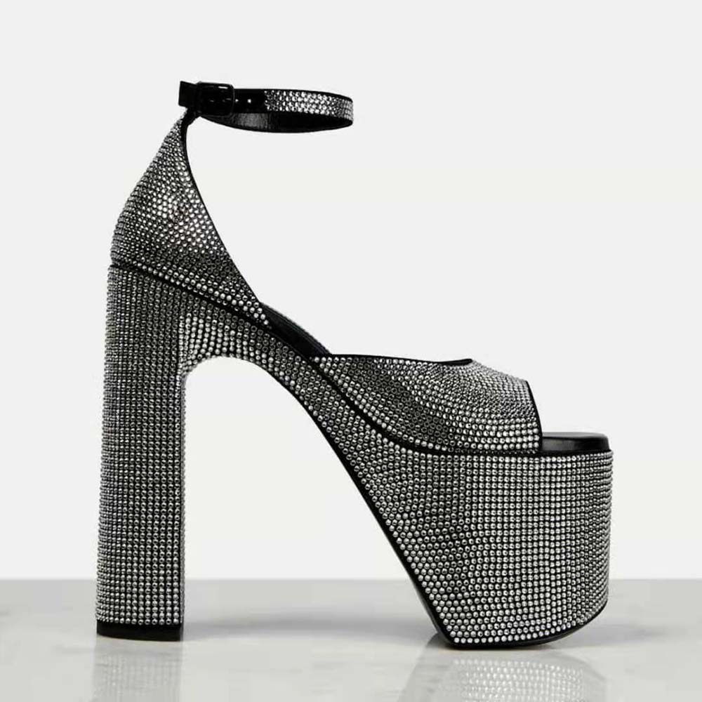 Close-up of rhinestone detailing on Balenciaga Women Camden 160mm Sandal black leather