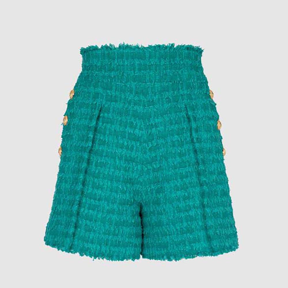 Front view of Balmain Women Flared Tweed Shorts-Green showcasing flared silhouette