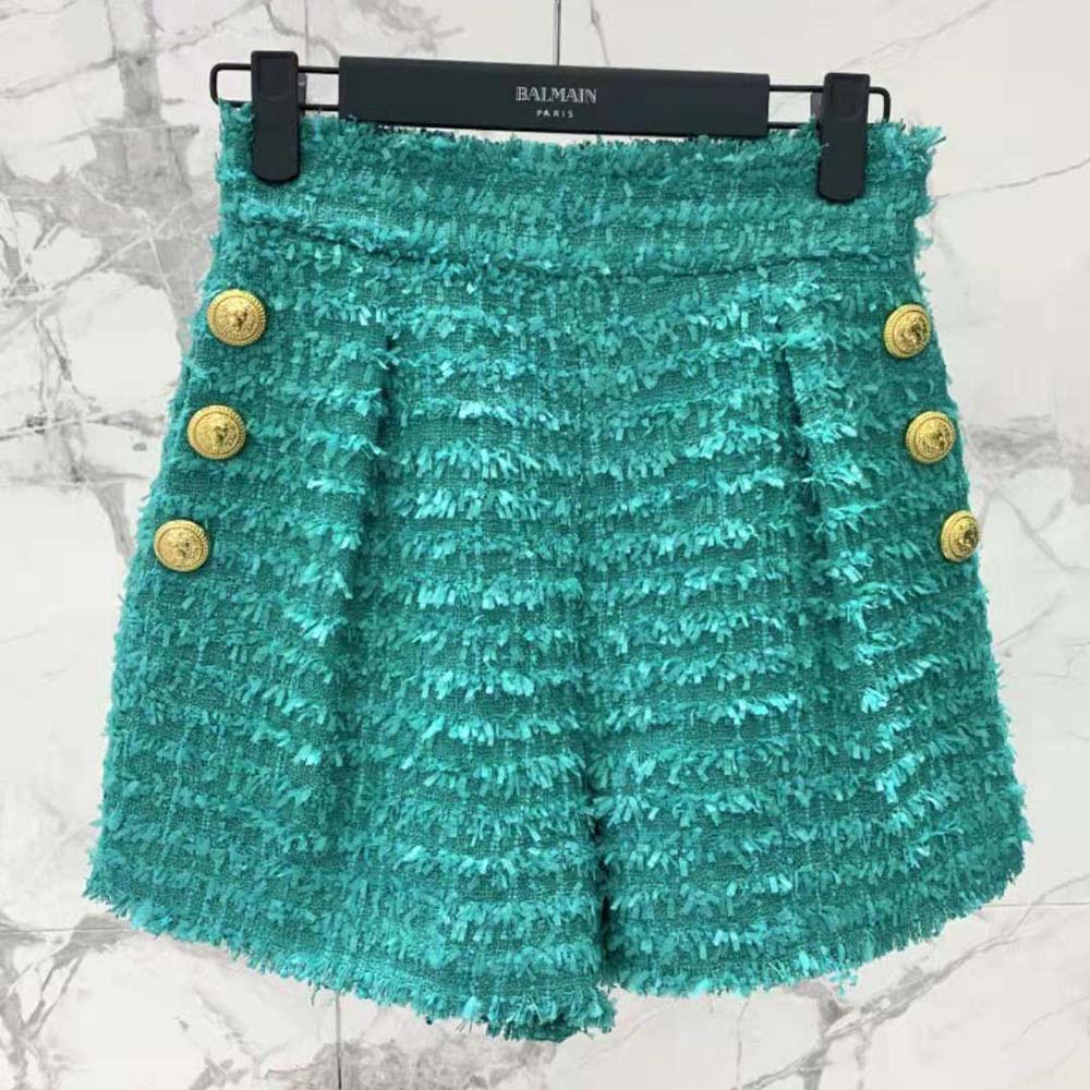 Balmain Women Flared Tweed Shorts-Green - image 4