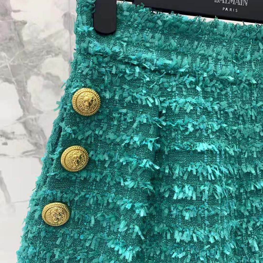 Balmain Women Flared Tweed Shorts-Green - image 6