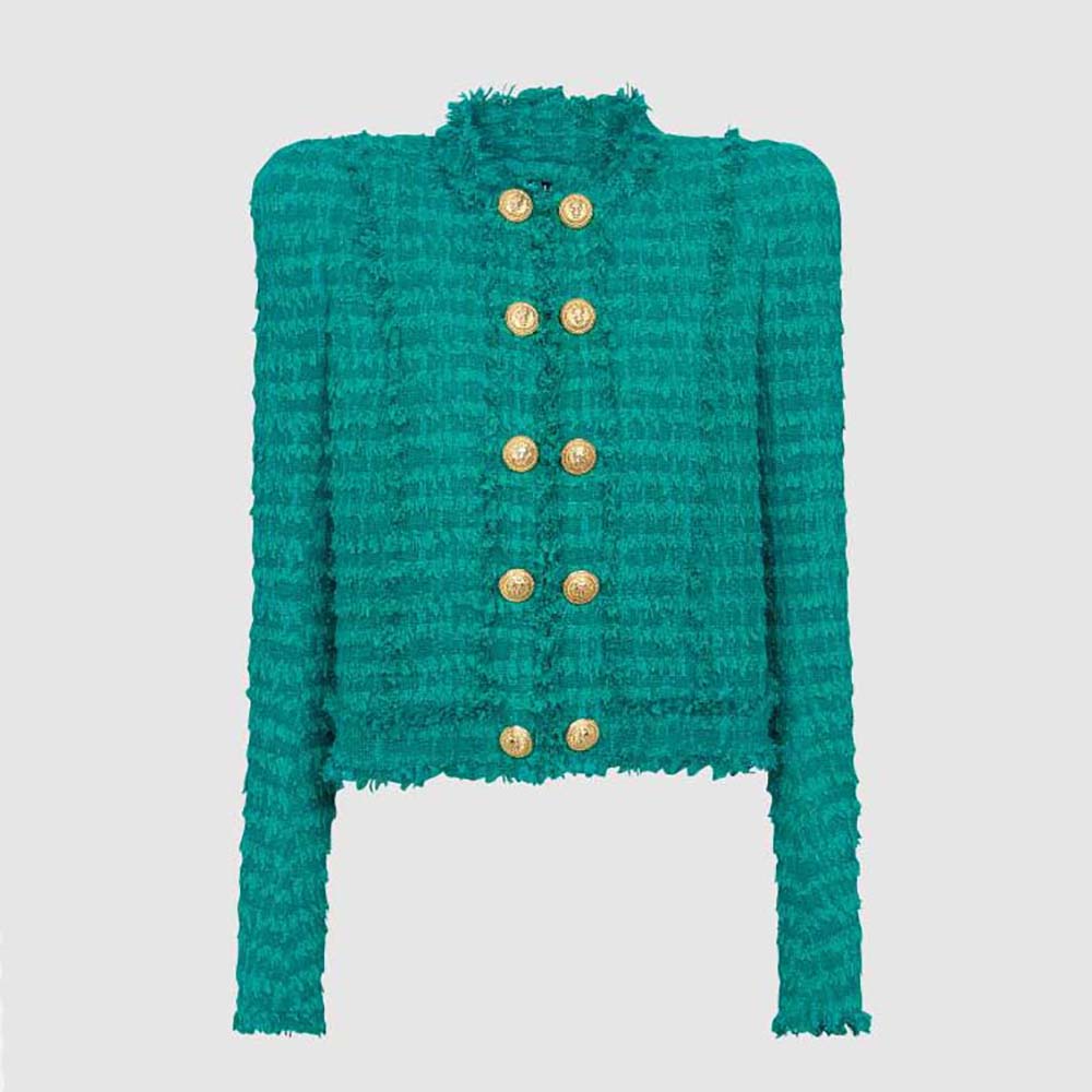 Front view of Balmain Women Fringed Tweed Jacket-Green on mannequin