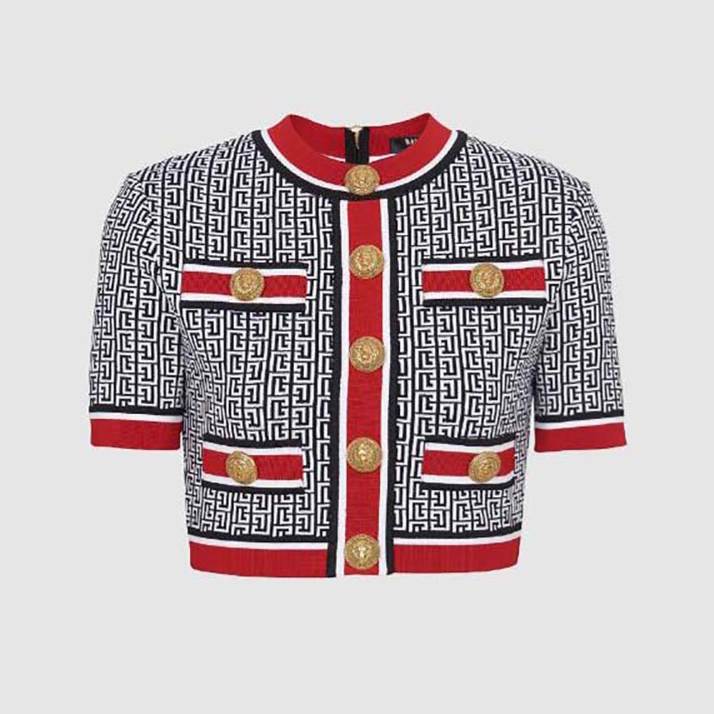 Front view of Balmain Women Jacquard Monogrammed Crop Top in red