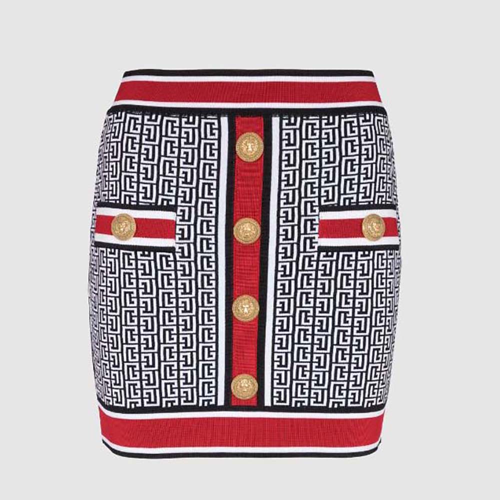 Front view of Balmain Women Knit Skirt with Buttons in vibrant red