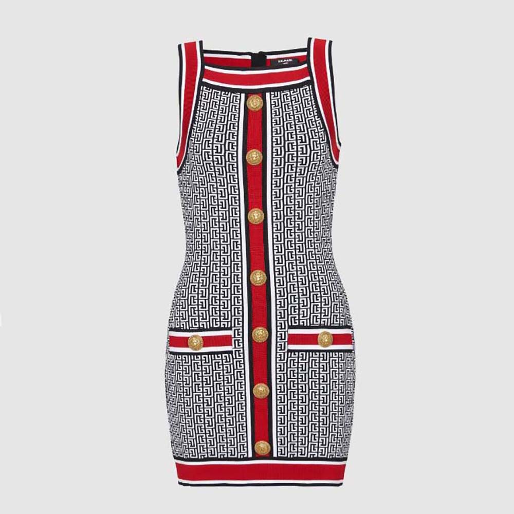 Front view of Balmain Women Short Monogrammed Knit Dress in red