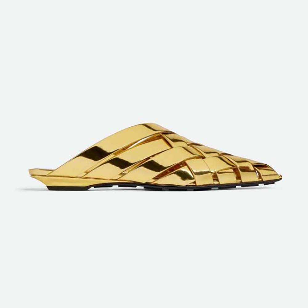 Side view of Bottega Veneta Women Alfie Slipper Open-back Intreccio Leather Slippers-Gold