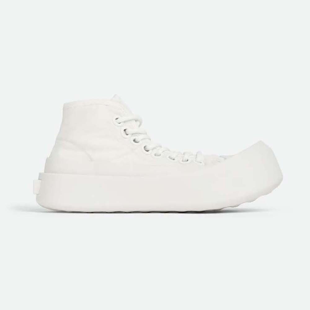 Side view of Bottega Veneta Unisex Jumbo Sneaker Nylon High Top Lace-up Sneakers-White