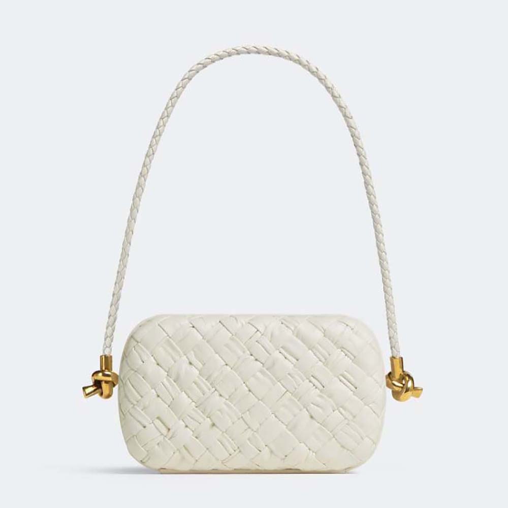 Front view of Bottega Veneta Knot On Strap Minaudiere in white leather