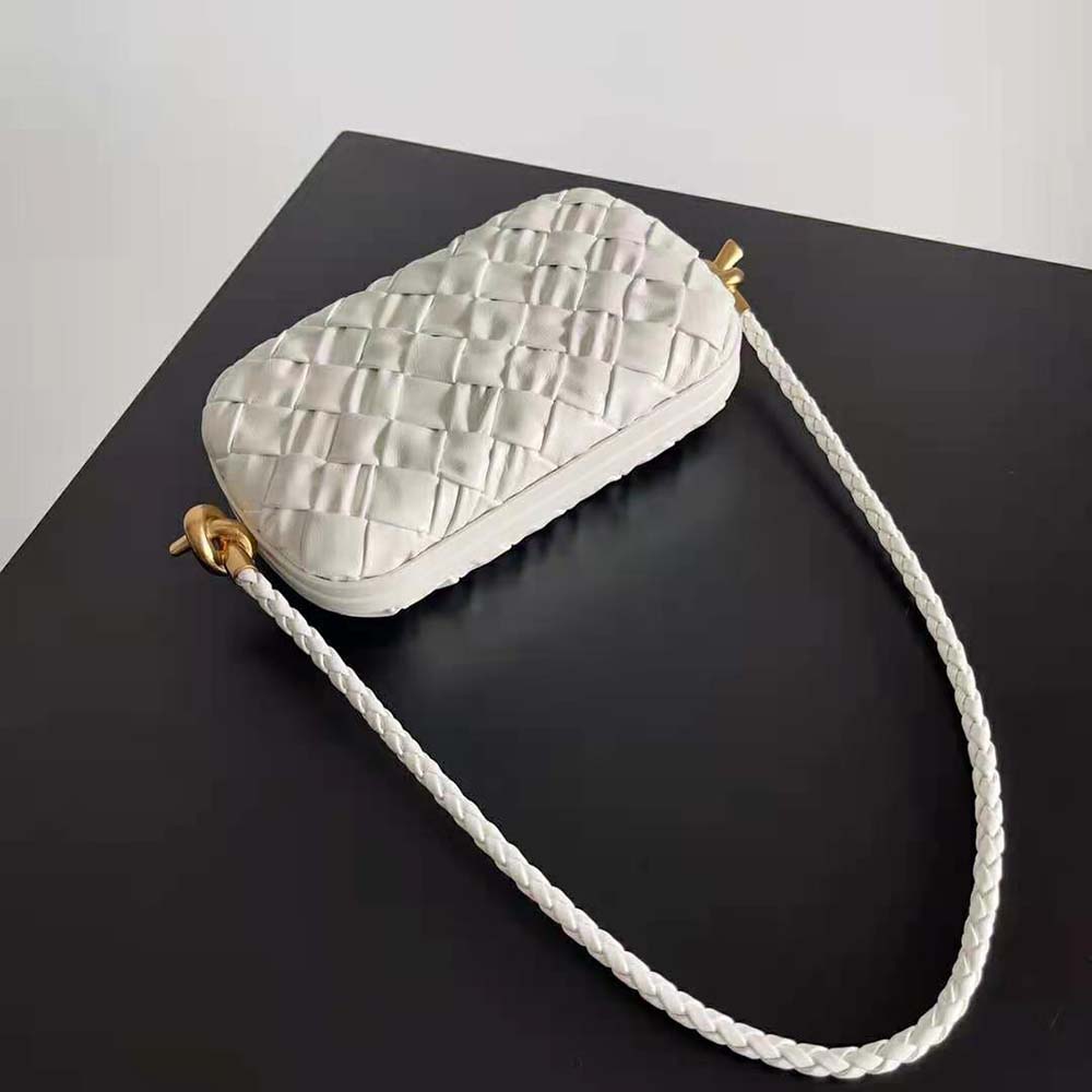 Bottega Veneta Women Knot On Strap Foulard Intreccio Leather Minaudiere with Strap-White - image 4