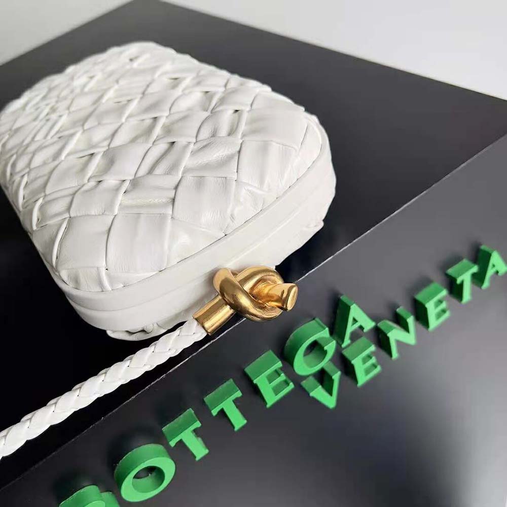 Bottega Veneta Women Knot On Strap Foulard Intreccio Leather Minaudiere with Strap-White - image 8