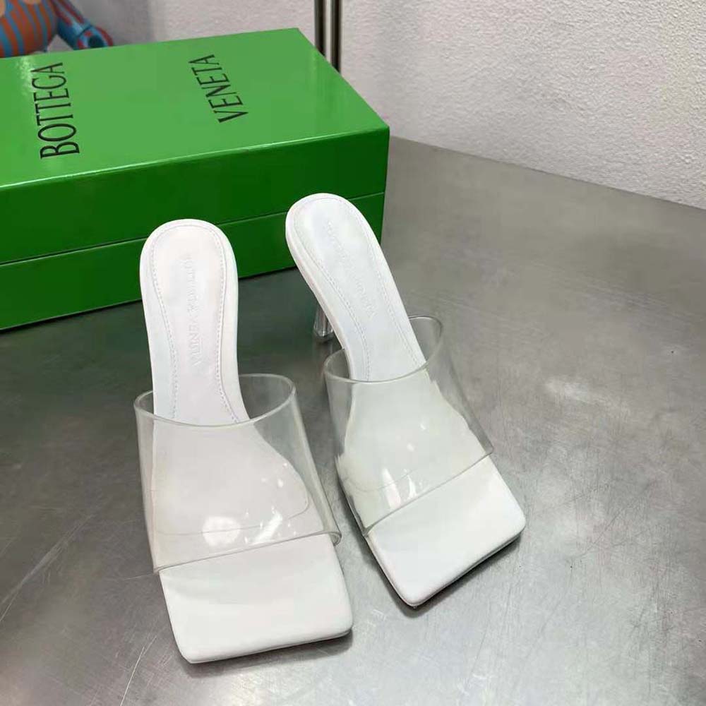 Close-up of clear rubber and stretch upper on Bottega Veneta mules