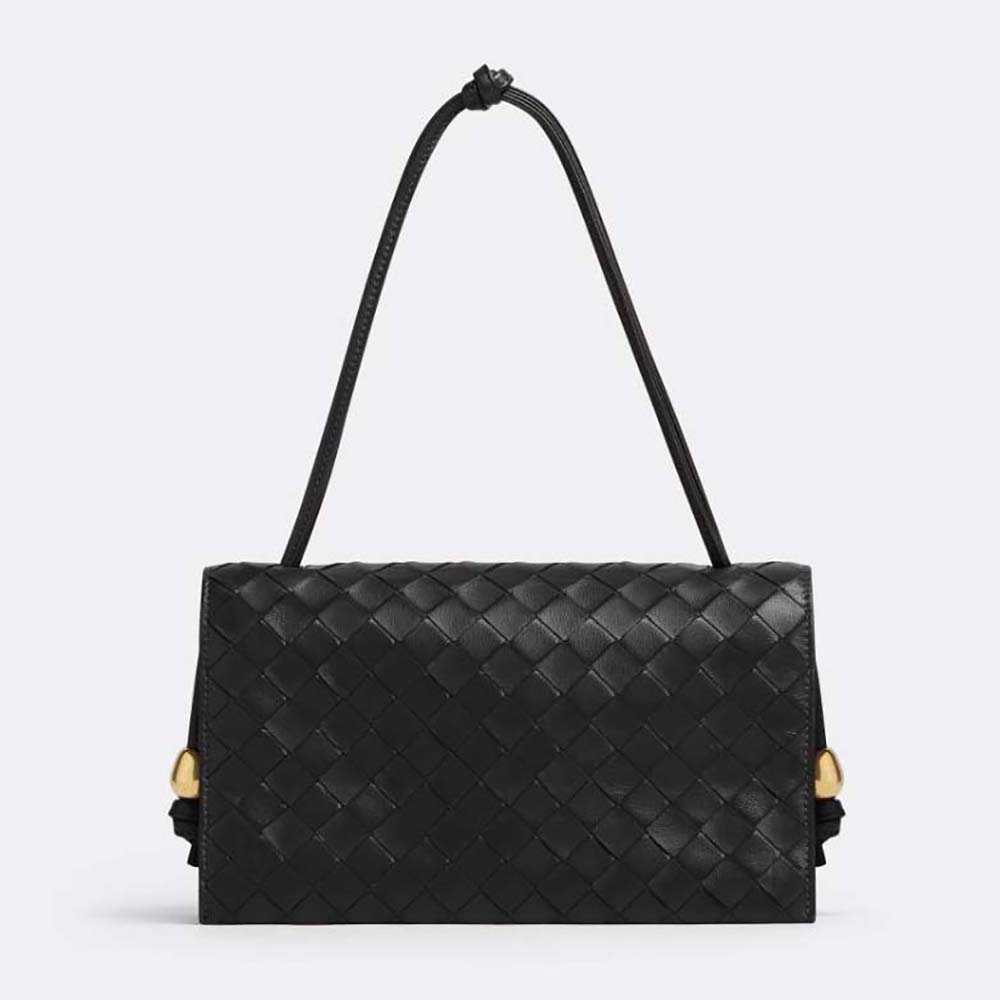 Front angled view of Bottega Veneta Women Trio Pouch On Strap Mini Intrecciato Leather Shoulder Bag-Black