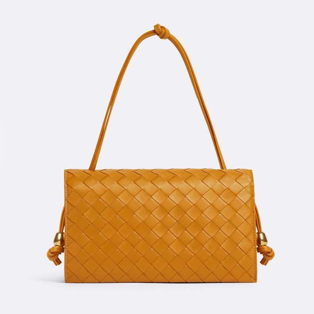 Front angle of Bottega Veneta Women Trio Pouch On Strap Mini Intrecciato Leather Shoulder Bag-Orange