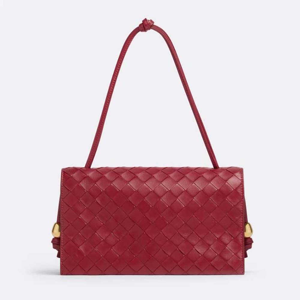 Front view of Bottega Veneta Women Trio Pouch On Strap Mini Intrecciato Leather Shoulder Bag-Red