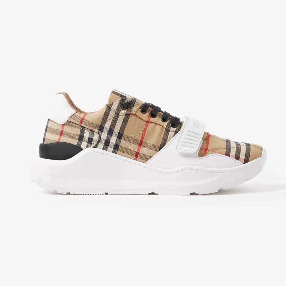 Side view of Burberry Unisex Check Suede and Leather Sneakers-White