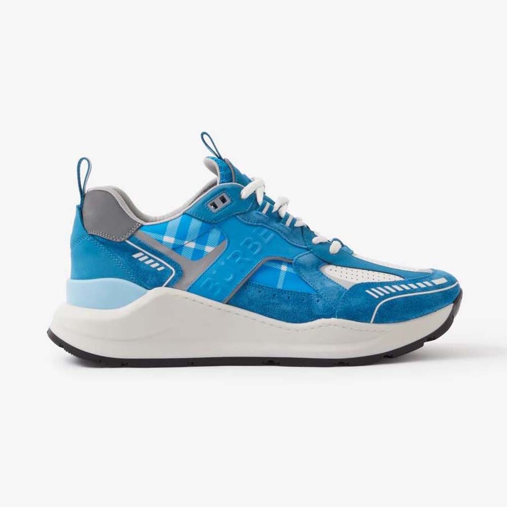 Side view of Burberry Men Leather Suede and Check Sneakers-Blue showing check detail