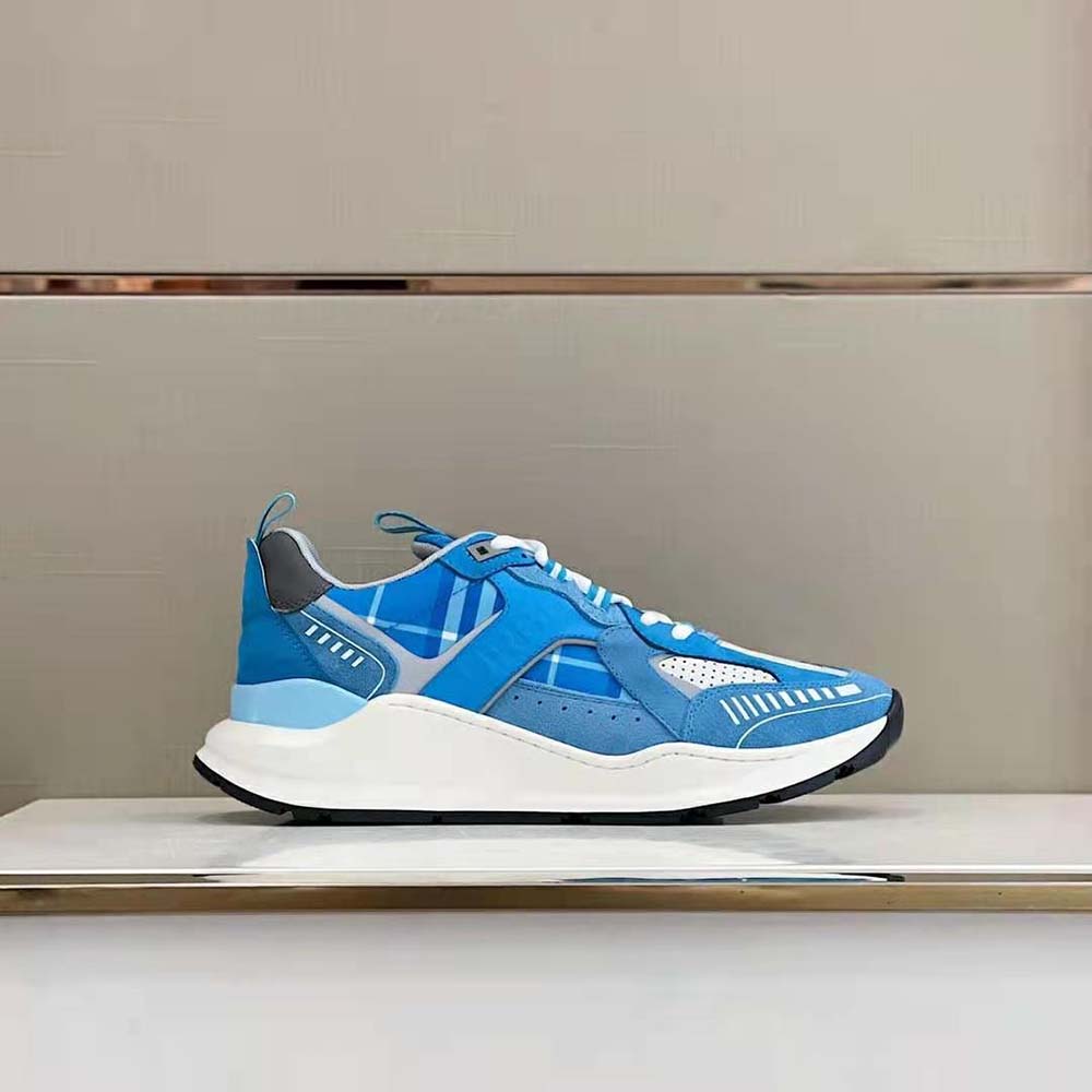 Close-up of blue suede and leather texture on Burberry Men Leather Suede and Check Sneakers-Blue