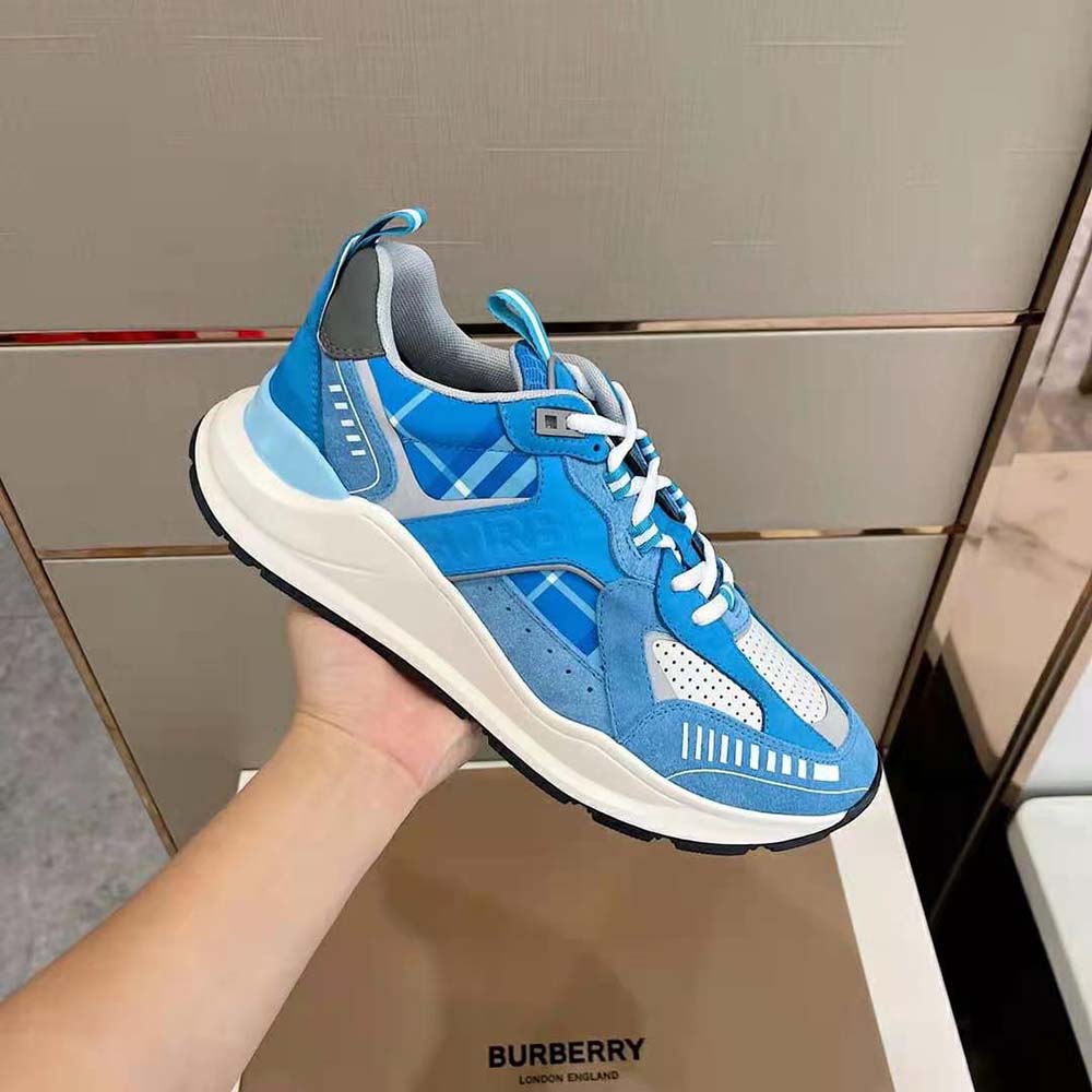 Top view of laced Burberry Men Leather Suede and Check Sneakers-Blue with rubber sole