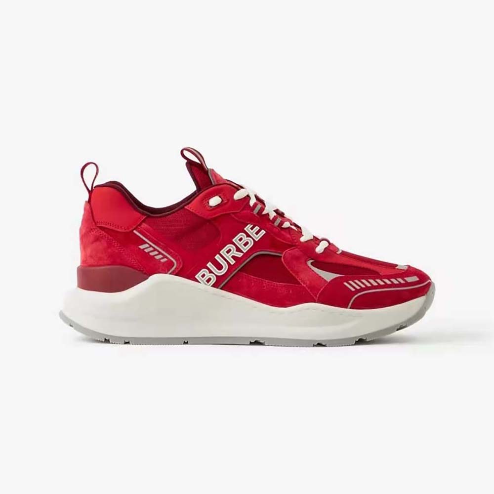 Side angle of Burberry Men Leather Suede and Check Sneakers-Red showing profile
