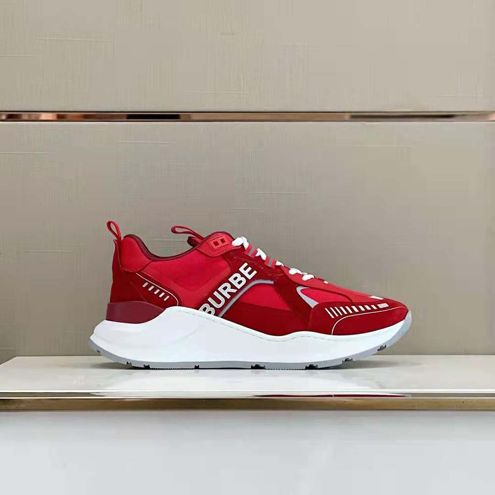 Close-up of Burberry check detail on the Burberry Men Leather Suede and Check Sneakers-Red