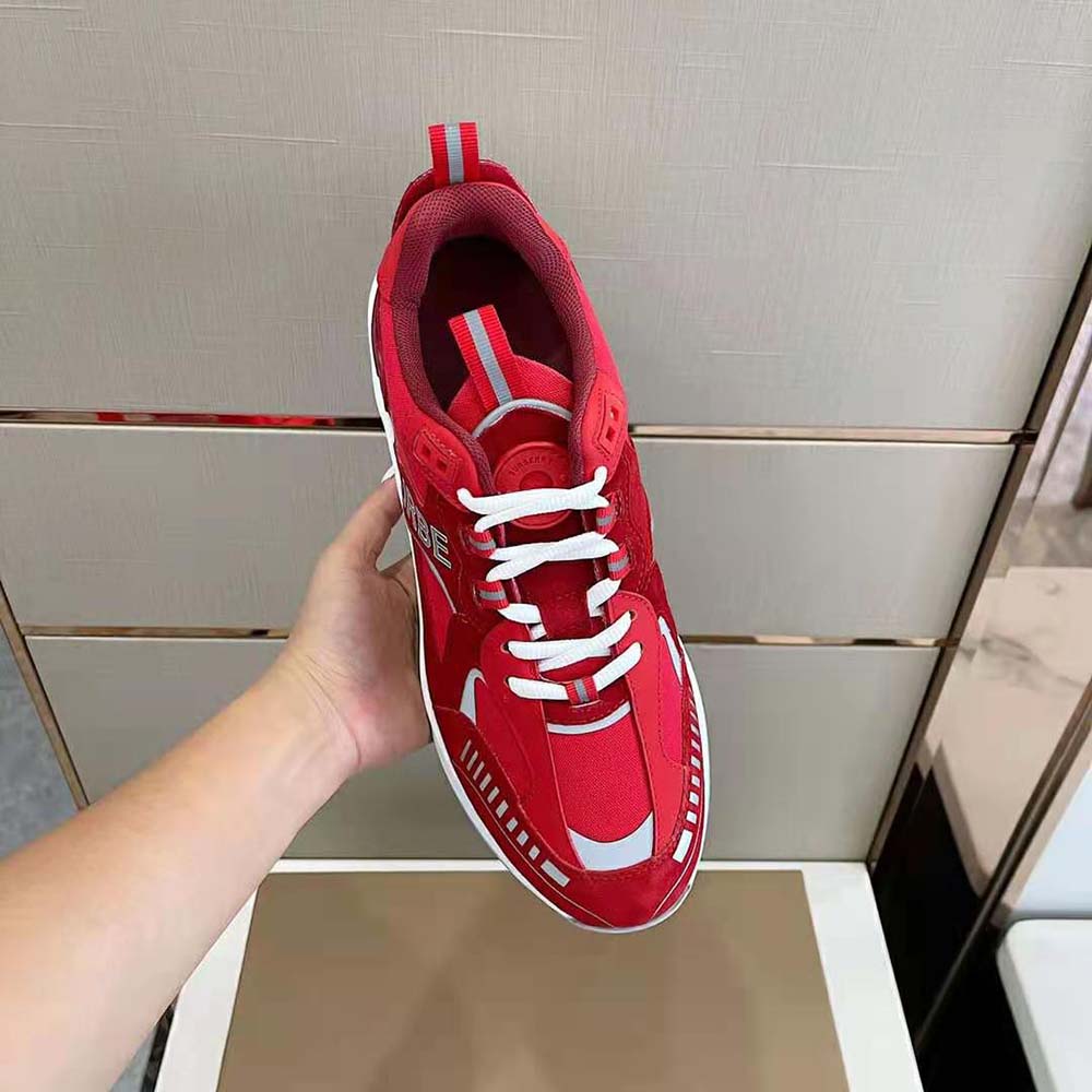 Top view of Burberry Men Leather Suede and Check Sneakers-Red highlighting lace-up closure