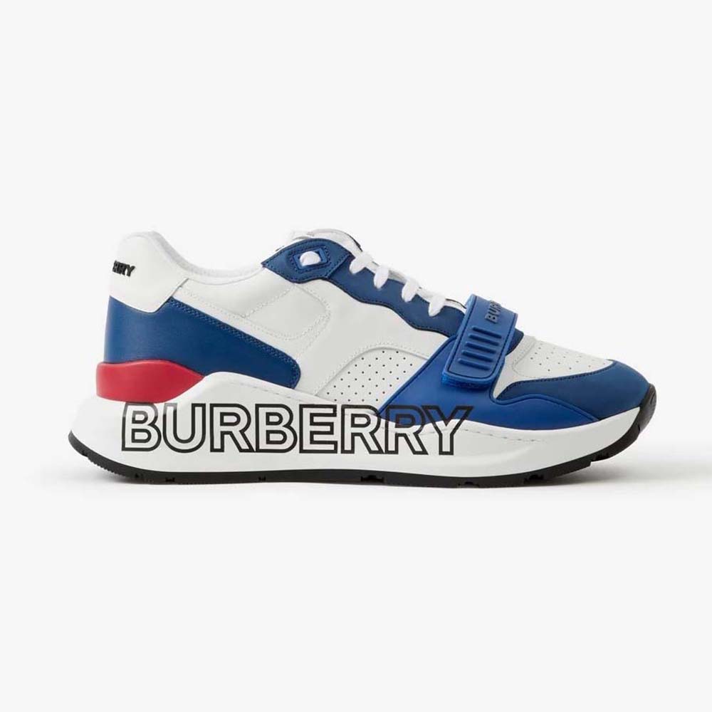 Side view of Burberry Men Logo Print Leather Sneakers-Blue showing logo detail